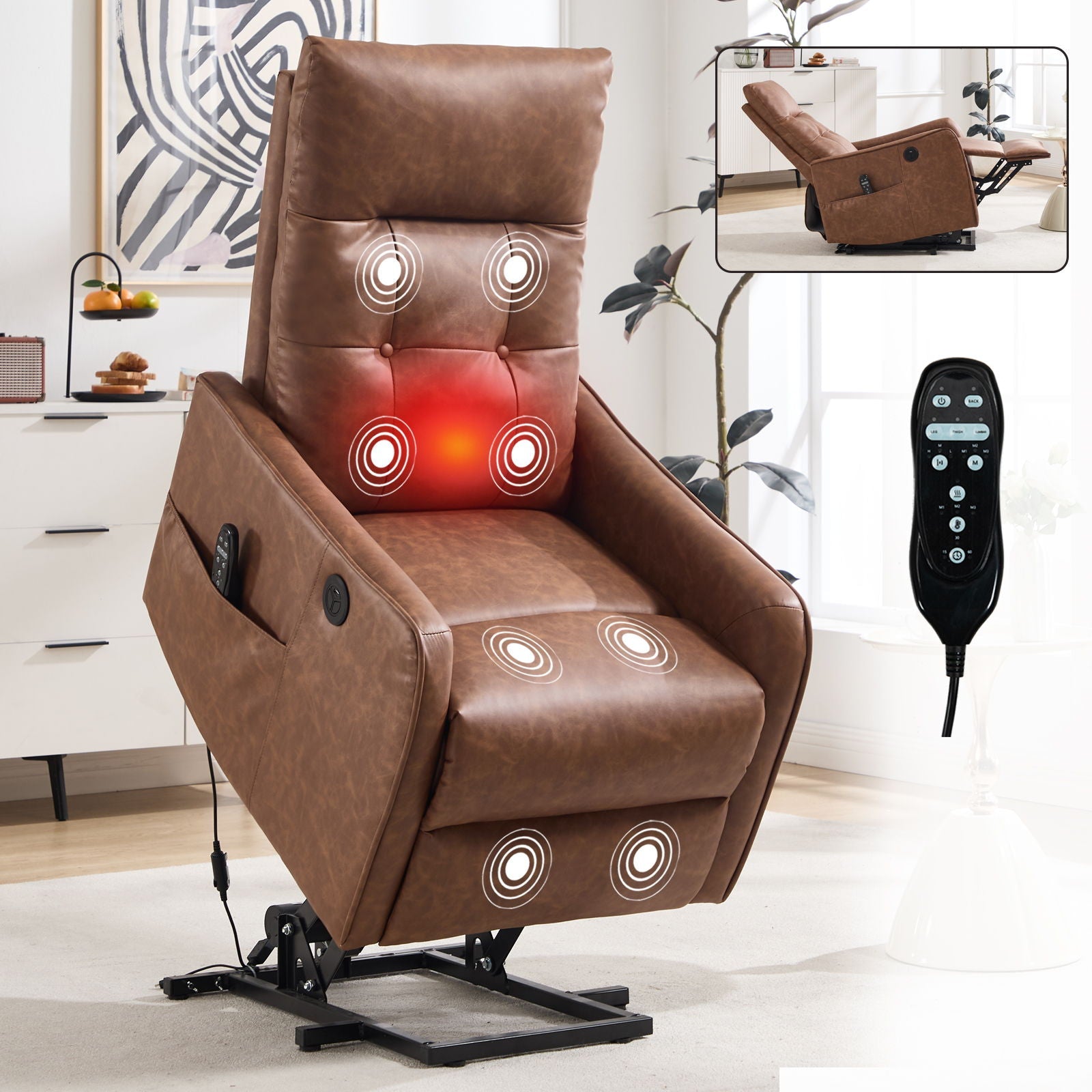 Single Motor Power Lift Recliner Chair With Massage And Heat, USB For Charging - Brown Home Essentials