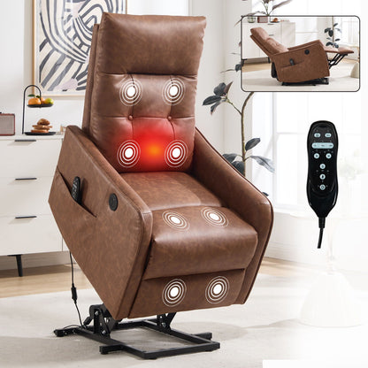 Single Motor Power Lift Recliner Chair With Massage And Heat, USB For Charging - Brown Home Essentials