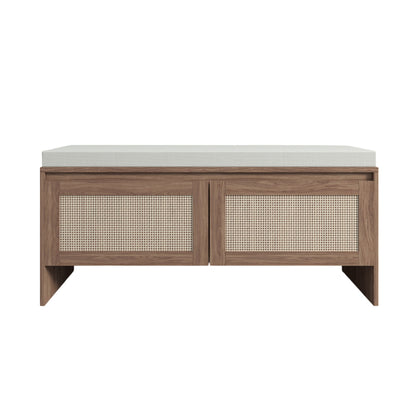 Storage Bench With Cushion, Shoe Cabinet With 2 Doors - Antique Natural / Rattan Home Essentials