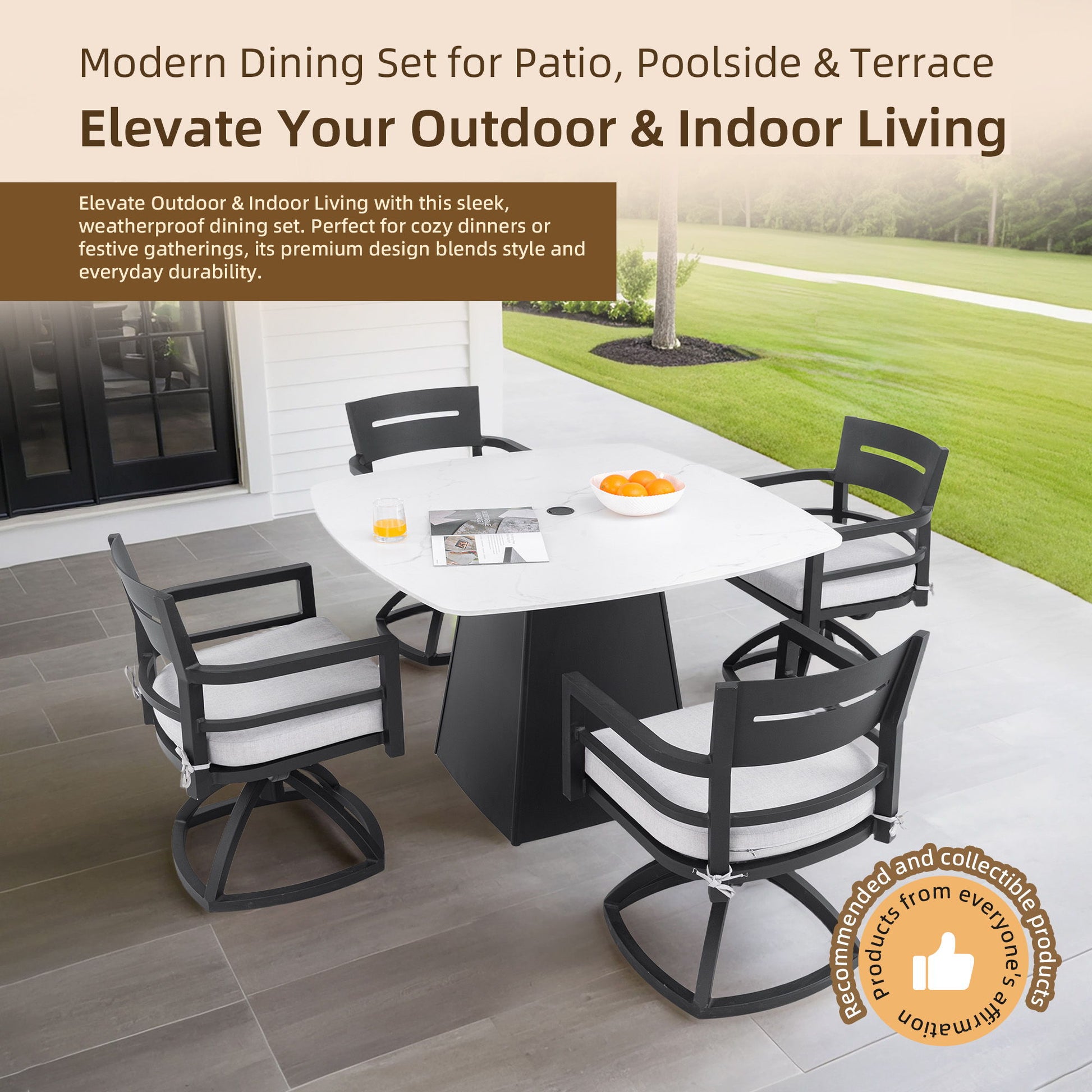 Outdoor Patio Dining Set, Squircle Dining Table, Dining Chairs With Sunbrella Cushions Life Outside