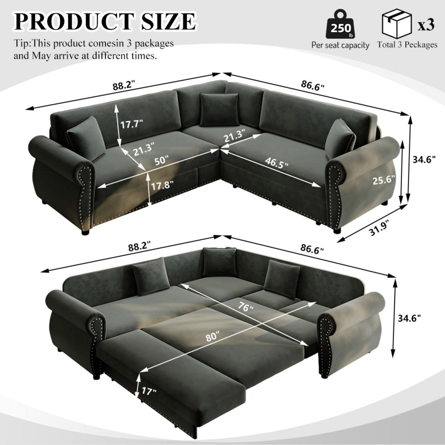 L-Shaped Sofa Couch With Pull-Out Bed Home Essentials