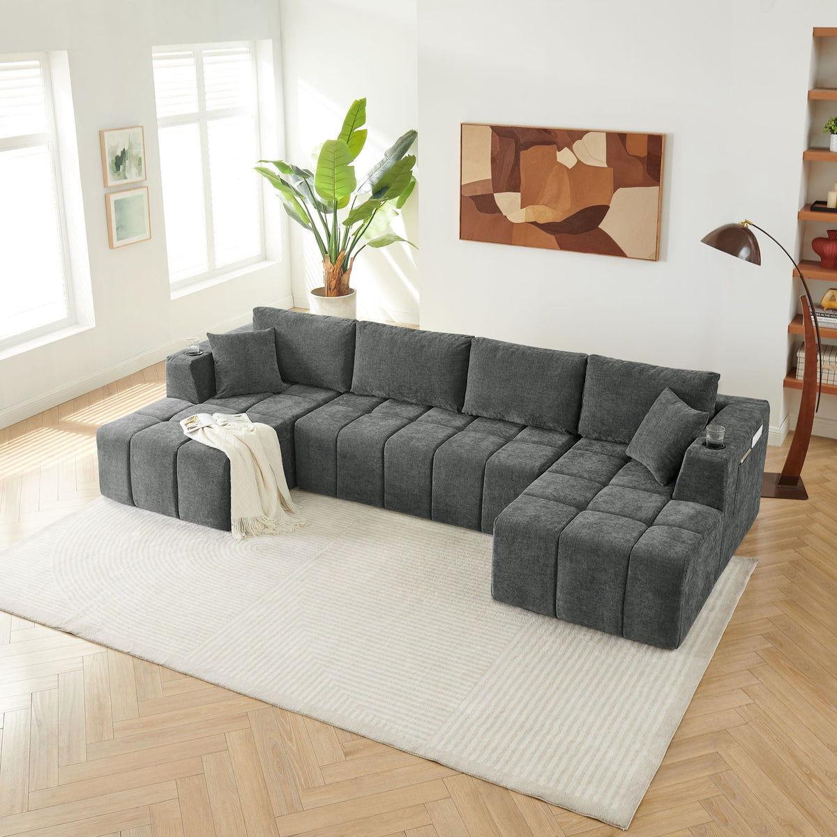 U - Shaped Sectional Sofa, Cup Holders & Side Pockets For Living Room Home Essentials