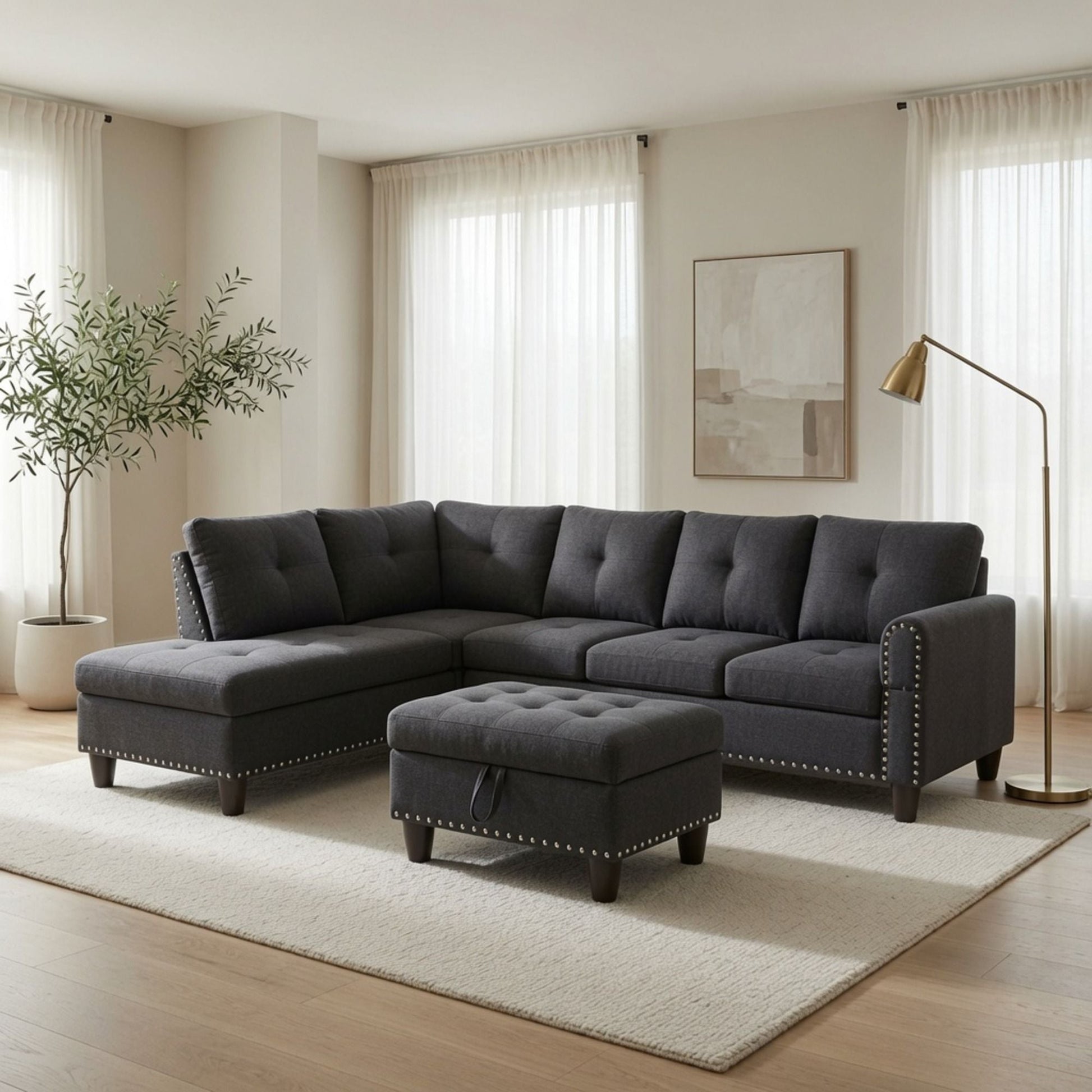 L - Shaped 3 Piece Sectional Sofa With Chaise, Storage Ottoman & Cup Holders Home Essentials