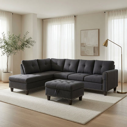 L - Shaped 3 Piece Sectional Sofa With Chaise, Storage Ottoman & Cup Holders Home Essentials