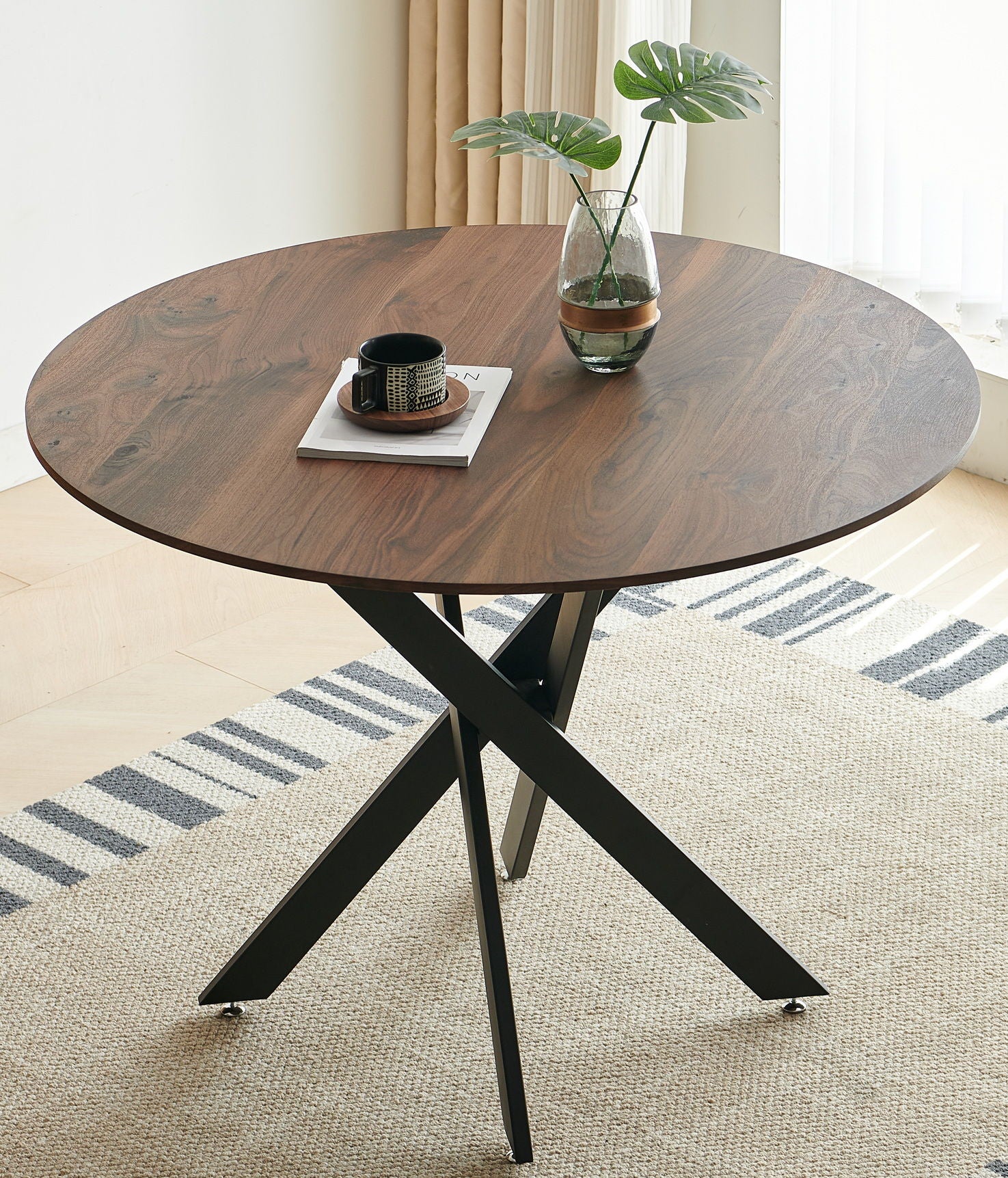 Mid-Century Dining Table For 4 - 6 People With Round MDF Table Top, Pedestal Dining Table, End Table Leisure Coffee Table, Cross Leg Home Essentials