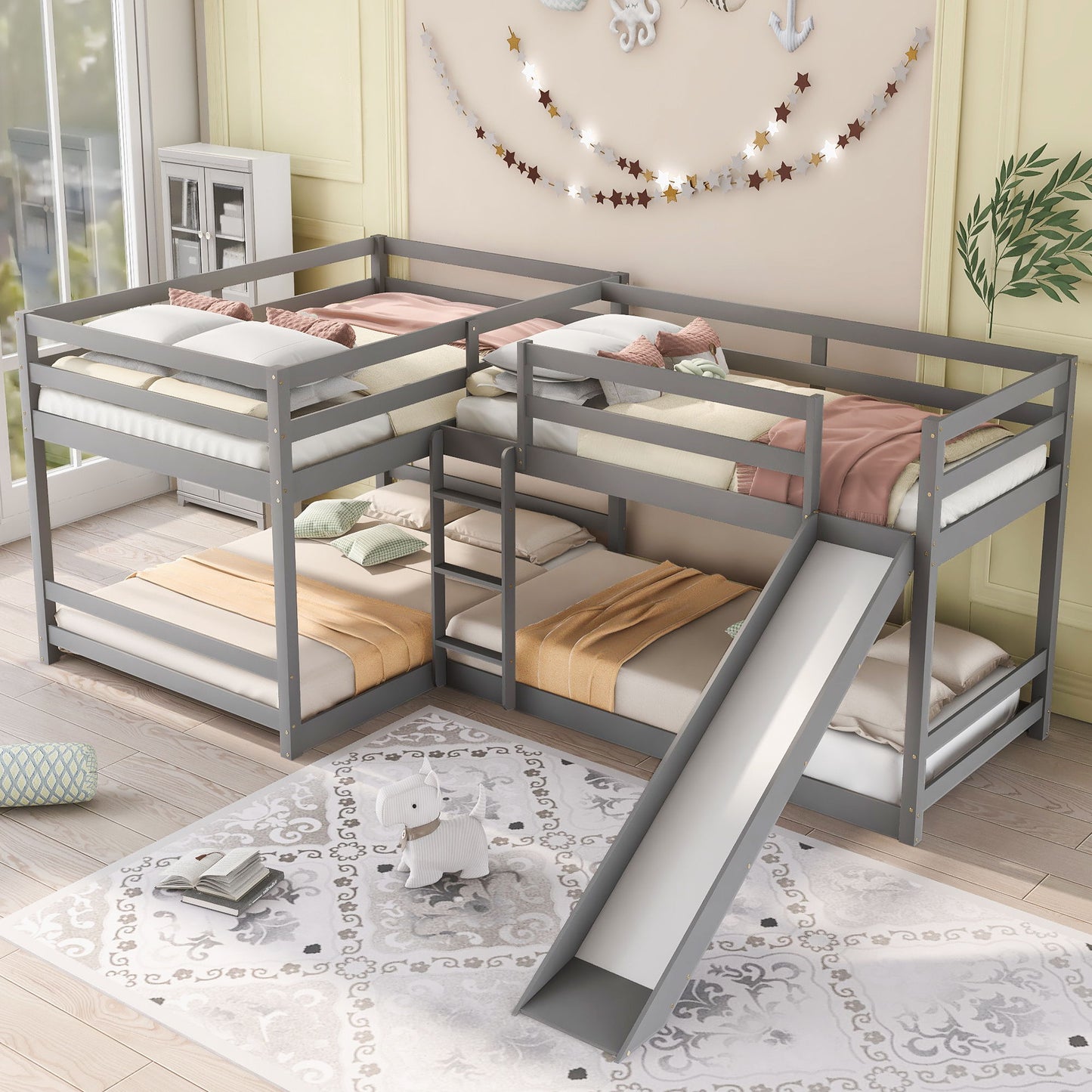 L-Shaped Bunk Bed With Slide And Short Ladder