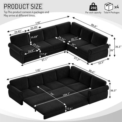 L-Shaped Sofa Couch With Pull Out Bed With Nailhead Trim & Rolled Arm Home Essentials