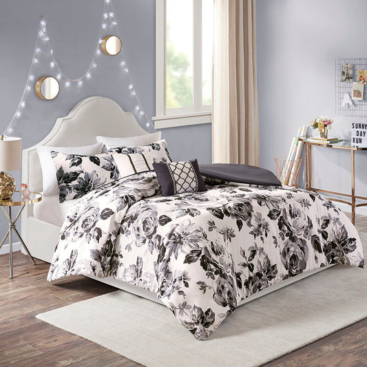 Dorsey - King Floral Print Duvet Cover Set - Black / White