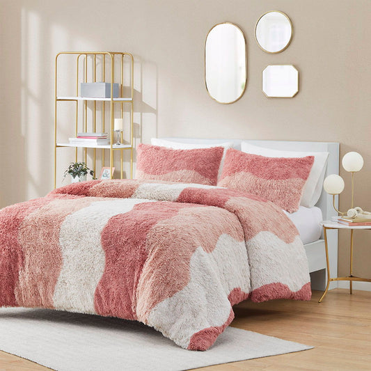 Cassie - Twin Ombre Shaggy Faux Fur Comforter Set - Blush Multi Intelligent Design
