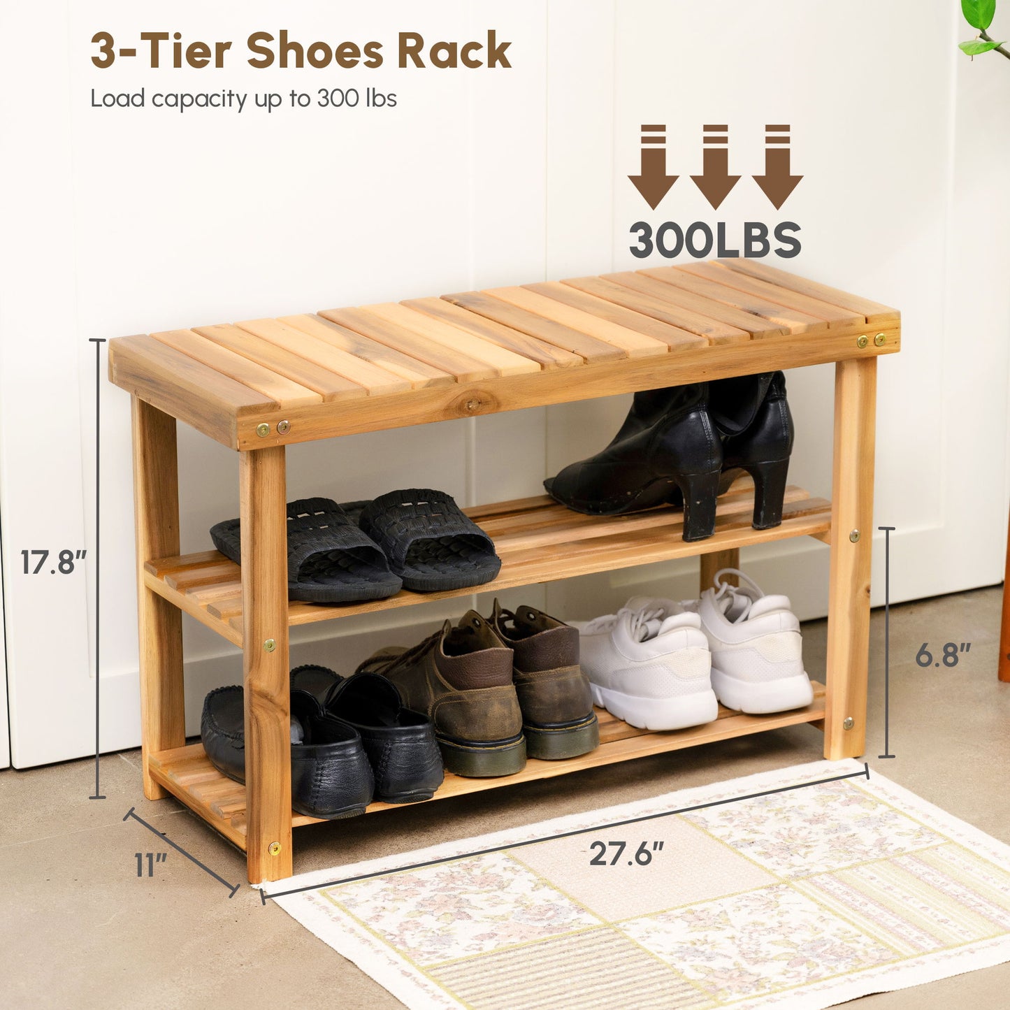 Shoe Rack Bench, 2 Tier Organizer For Entryway - Acacia Wood Home Essentials