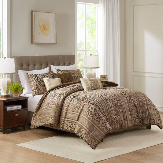 Bella - 6 Piece Jacquard Comforter Set With Throw Pillows - Brown Madison Park