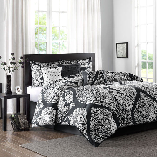 Vienna - 7 Piece Queen Cotton Printed Comforter Set - Black Madison Park