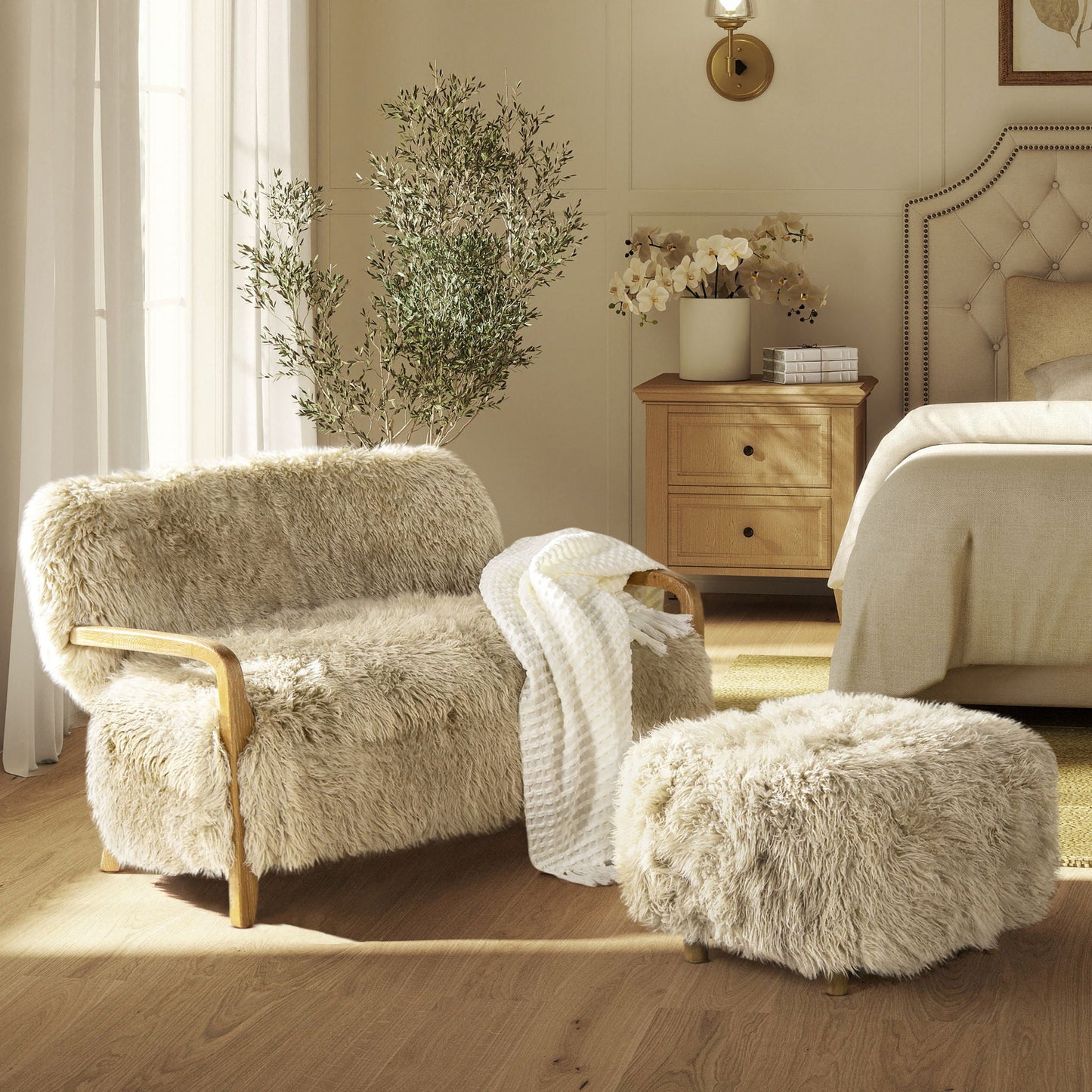 Enchante - New Zealand Sheepskin Rectangular Accent Ottoman - Taupe / Natural Jennifer Taylor Home