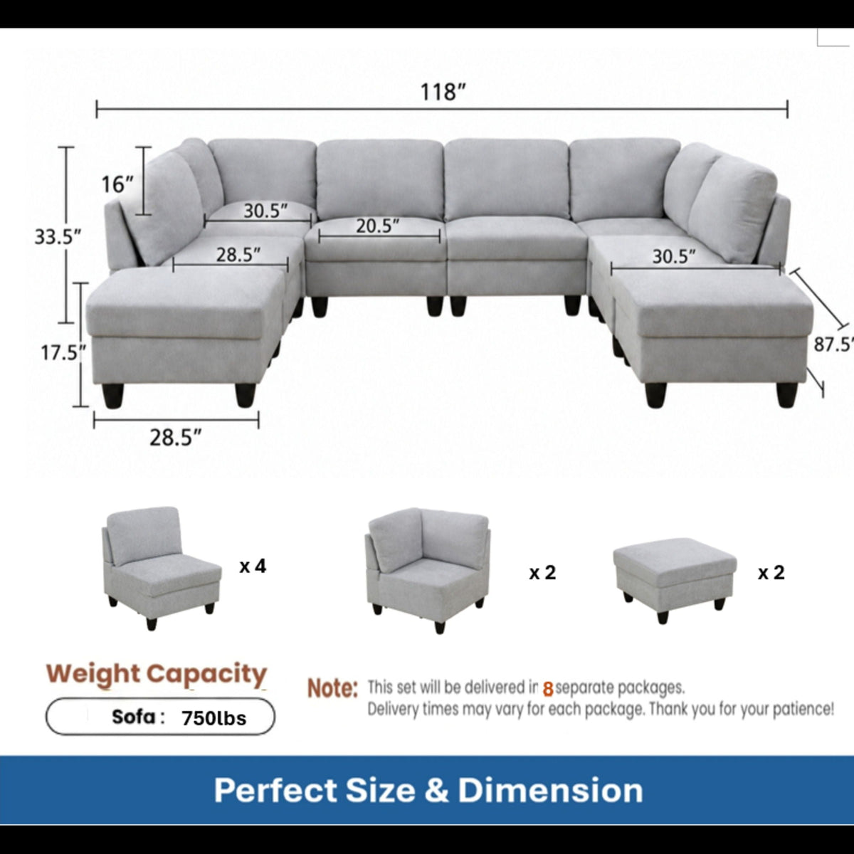 8 Piece Modular U - Shape Sectional Sofa Home Essentials