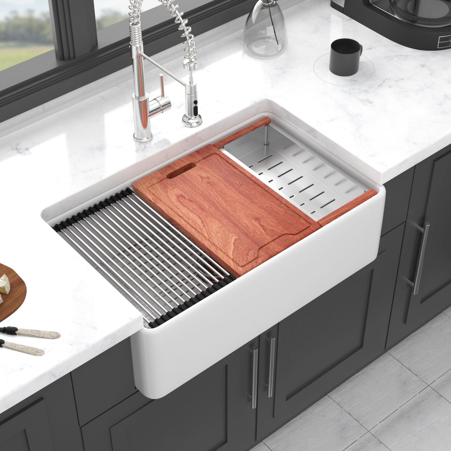 Farmhouse Sink Workstation, Ceramic Single Bowl With Accessories Daily Nest