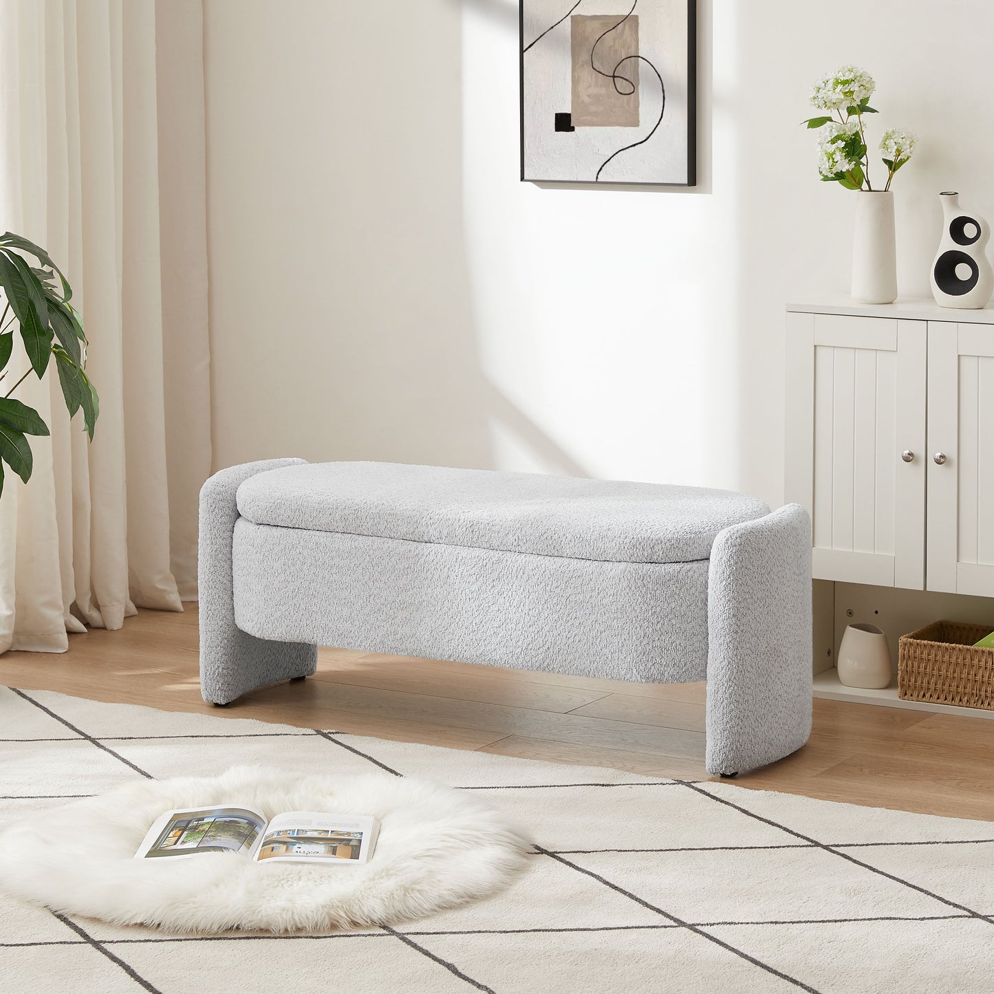 Ottoman Oval Storage Bench, 3D Lamb Fleece Bench With Large Storage Space For The Living Room, Entryway And Bedroom