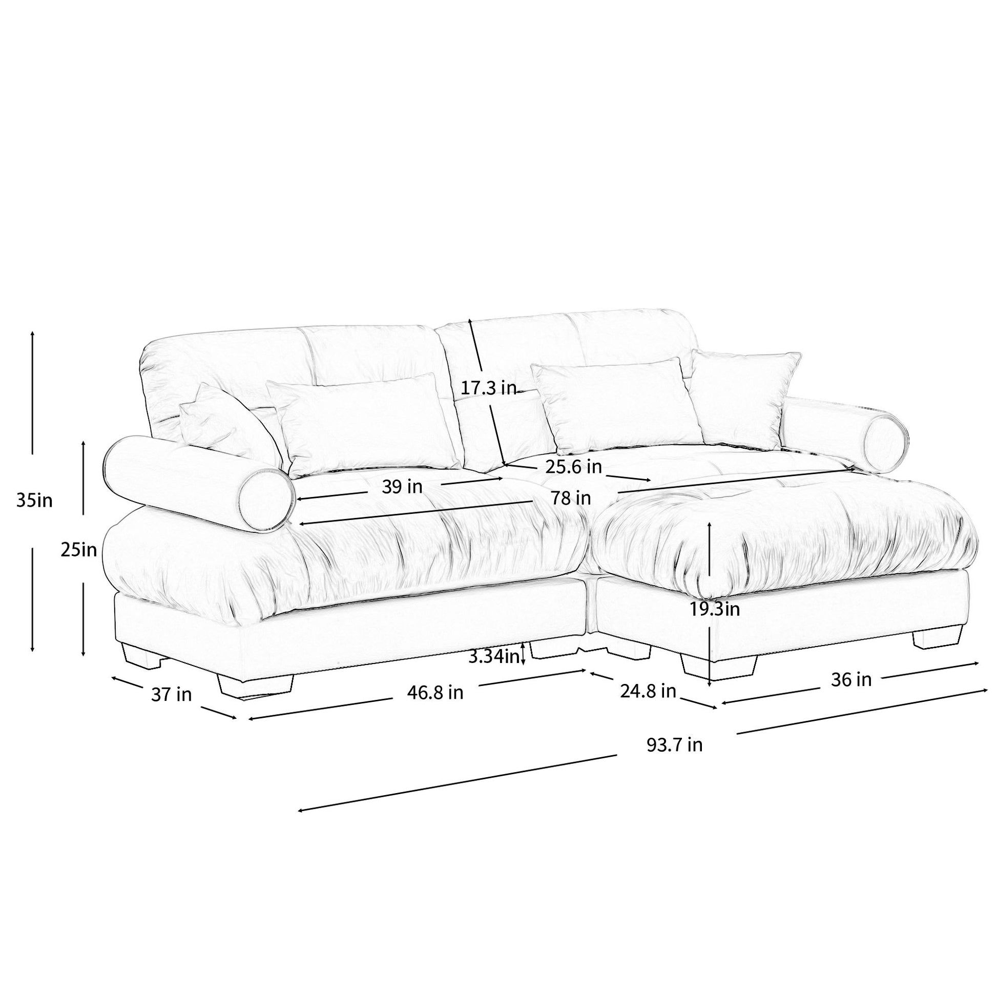 Modern Sectional Sofa With Ottoman, Round Bolster Armrests, Waist And Throw Pillows Home Essentials