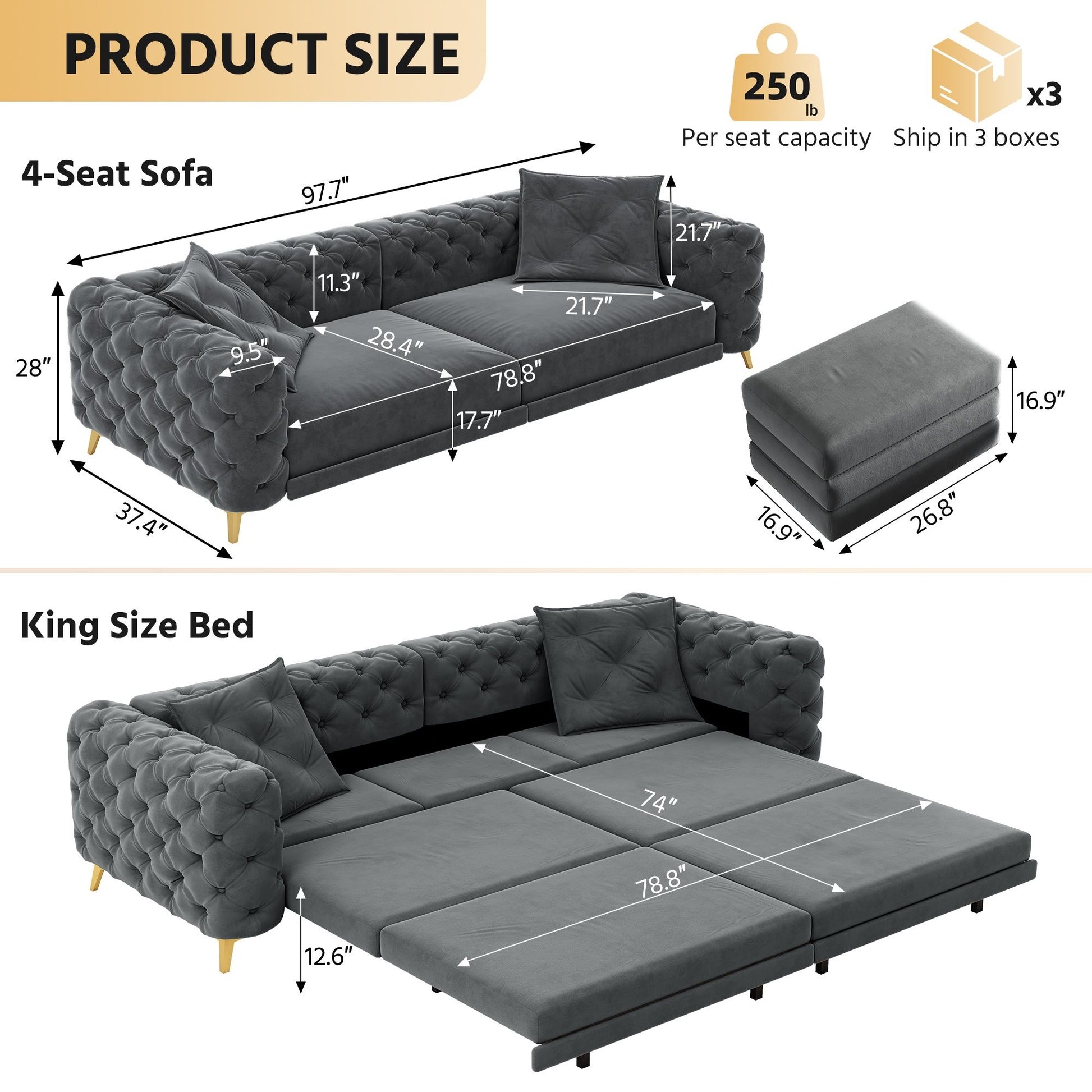 3 In 1 Convertible Sleeper, Deep Seat Pull Out Sofa Bed, Button Tufted Home Essentials