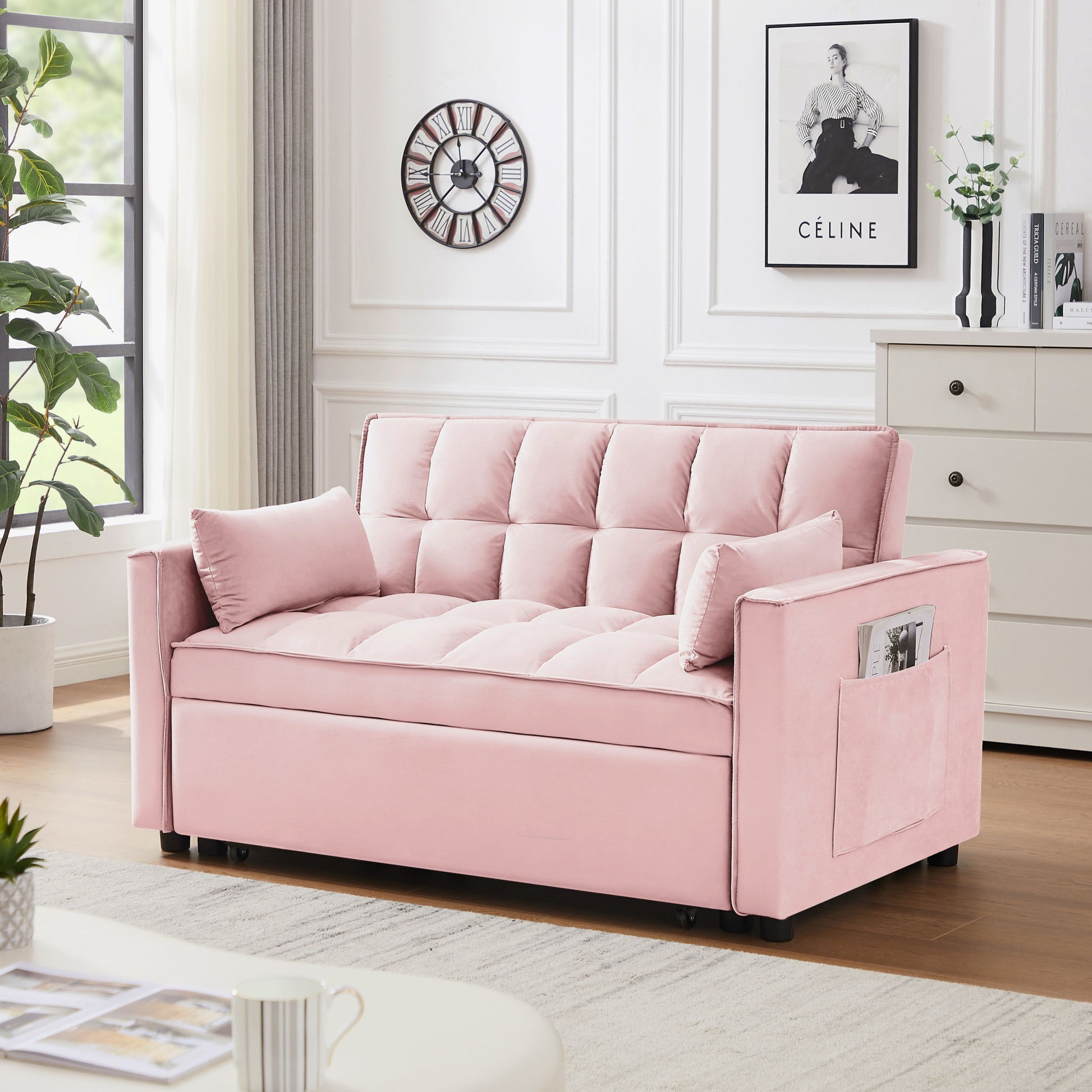 Modern Velvet Convertible Loveseat Futon Sofa With Pullout Bed, Reclining Backrest Home Essentials