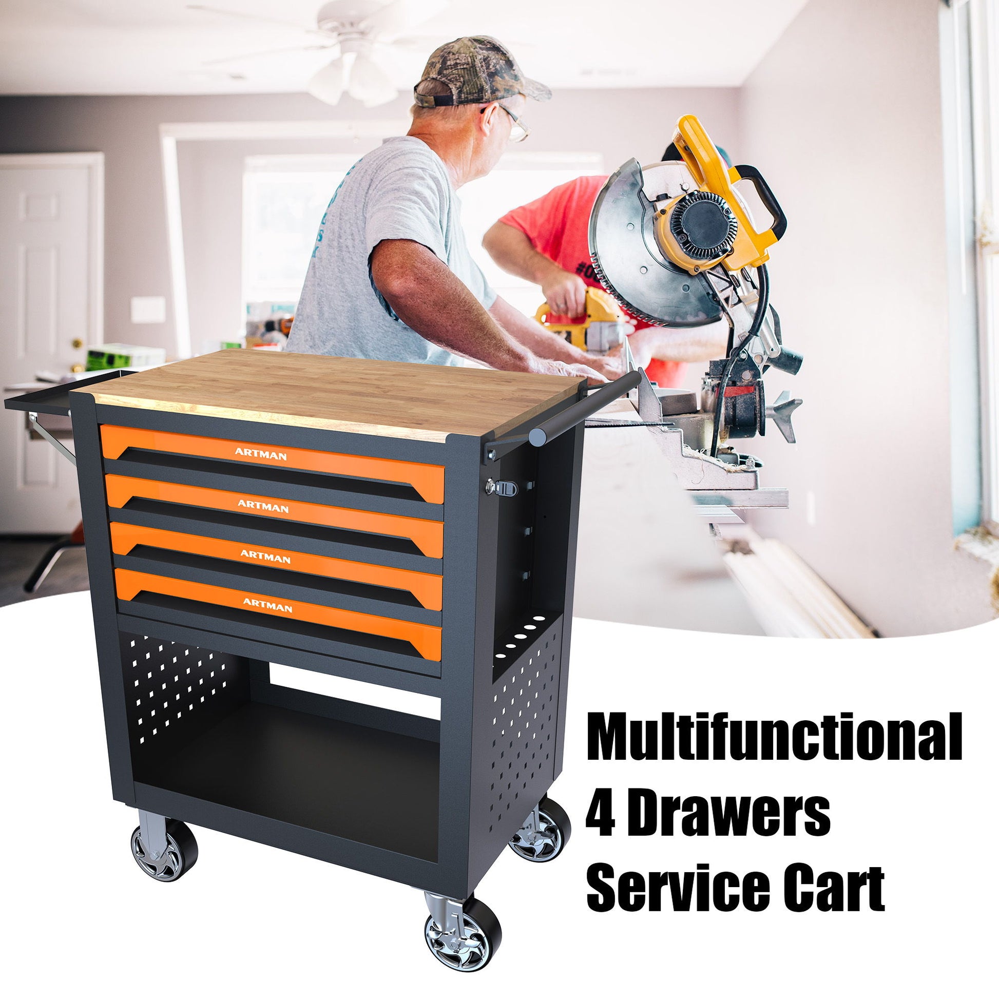 4 Drawers Multifunctional Tool Cart With Wheels And Wooden Top Daily Nest