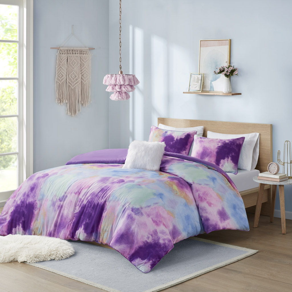 Cassiopeia - Full Watercolor Tie Dye Printed Duvet Cover Set With Throw Pillow - Lavender