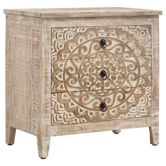 Mariska - 3-Drawer Wood Mandala Cabinet - Distressed White