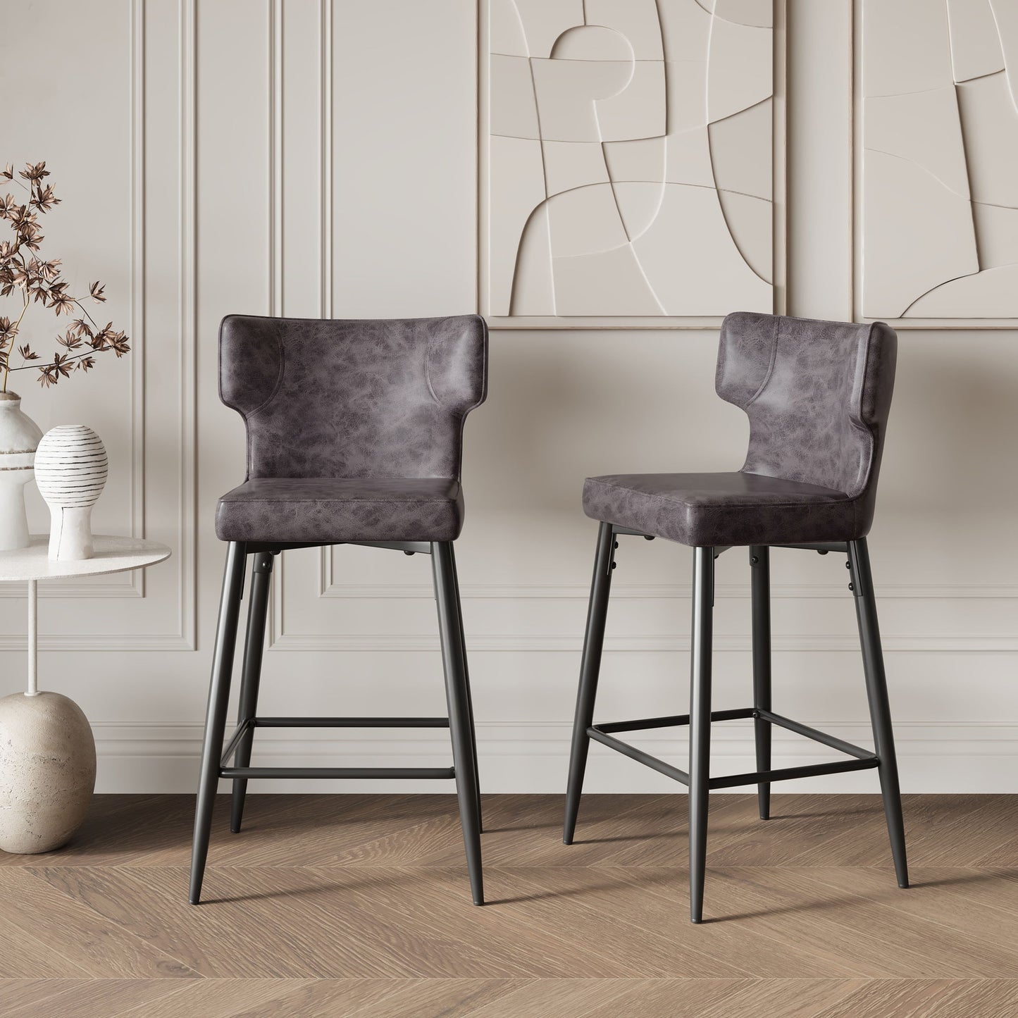 Modern Bar Stools With Upholstery And Metal Footrest (Set of 2) Noble House