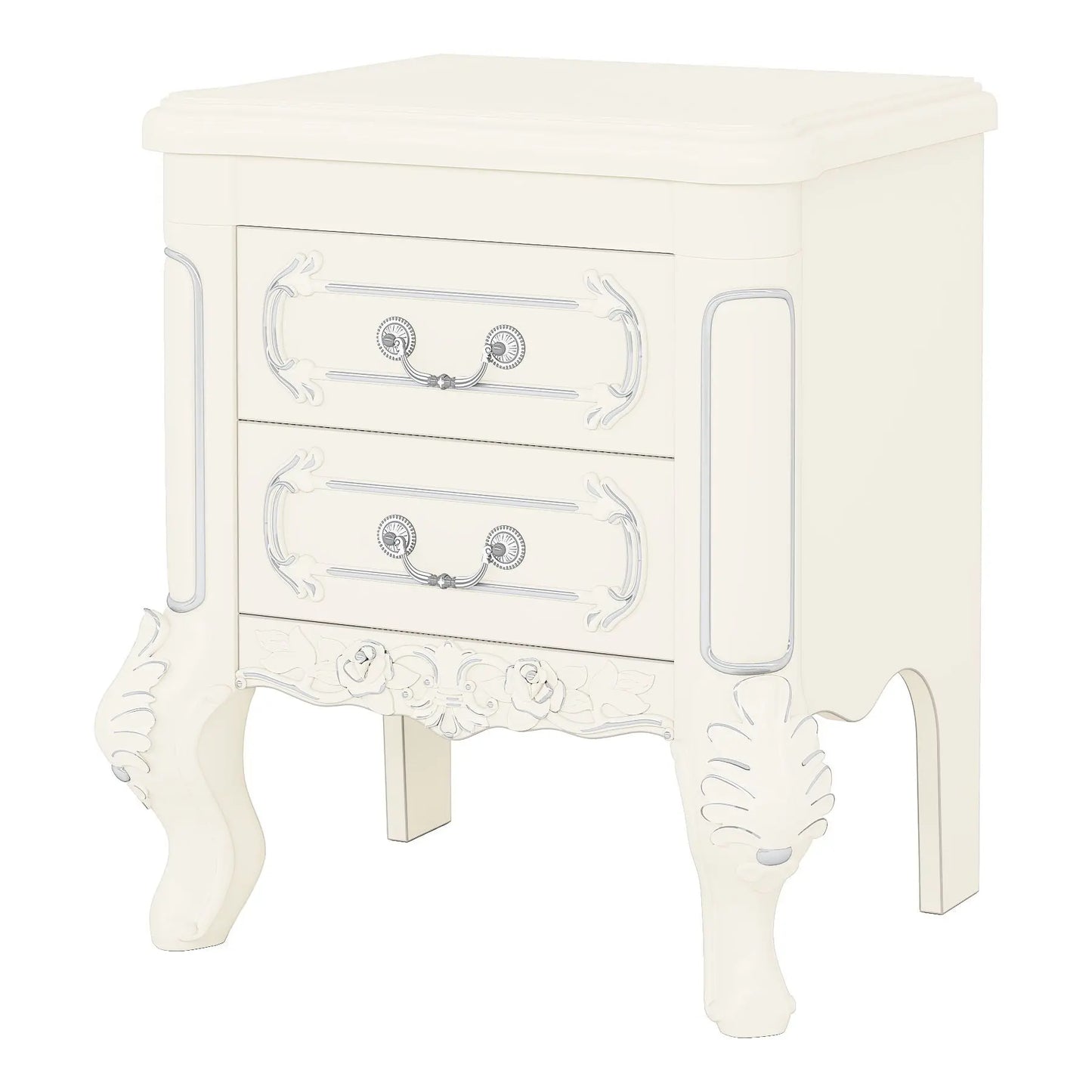 Carved Nightstand With 2 Drawers, Bedside Table - White Home Essentials