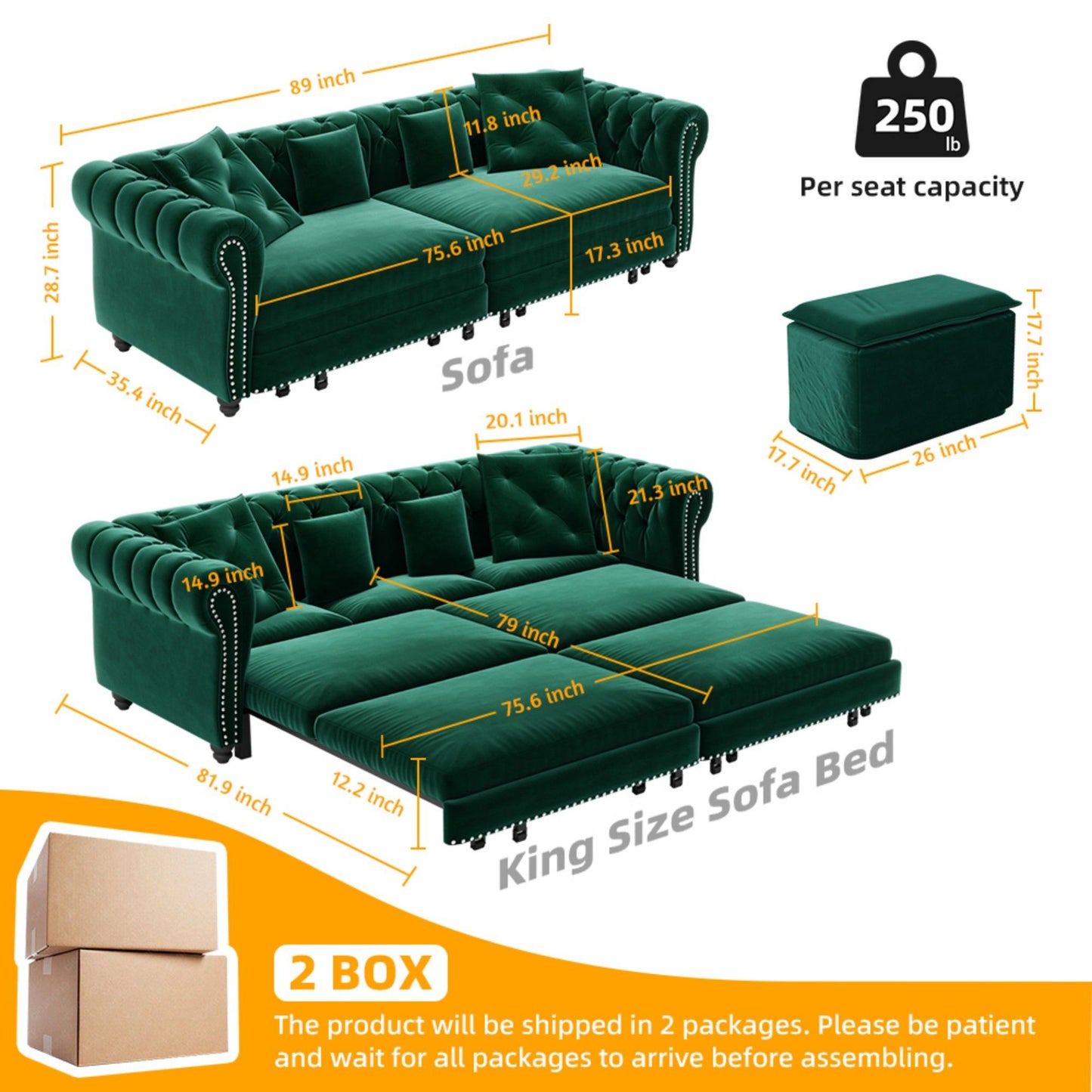 3 In 1 Convertible Sleeper Sofa Bed With Movable Ottoman Home Essentials