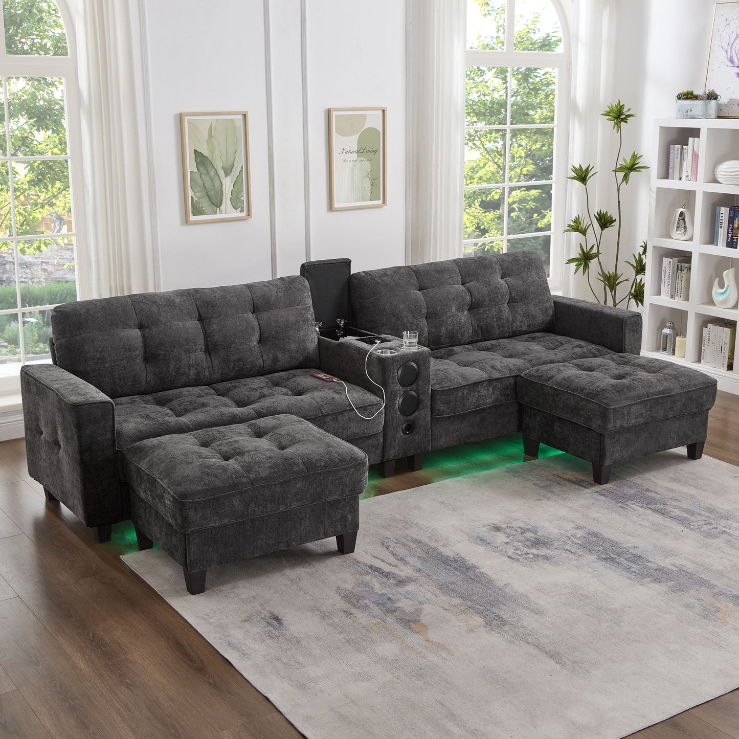 Modern Sectional Sofa U-Shaped With Movable Ottomans, tooth Speakers, LED Lights And Modular Storage Hearth and Haven