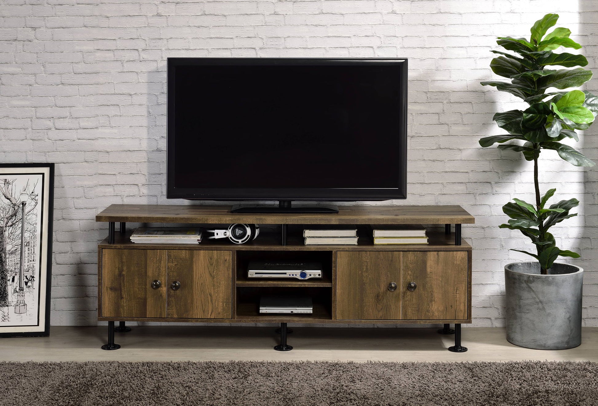 Ensata II - TV Stand - Rustic Oak / Black Acme