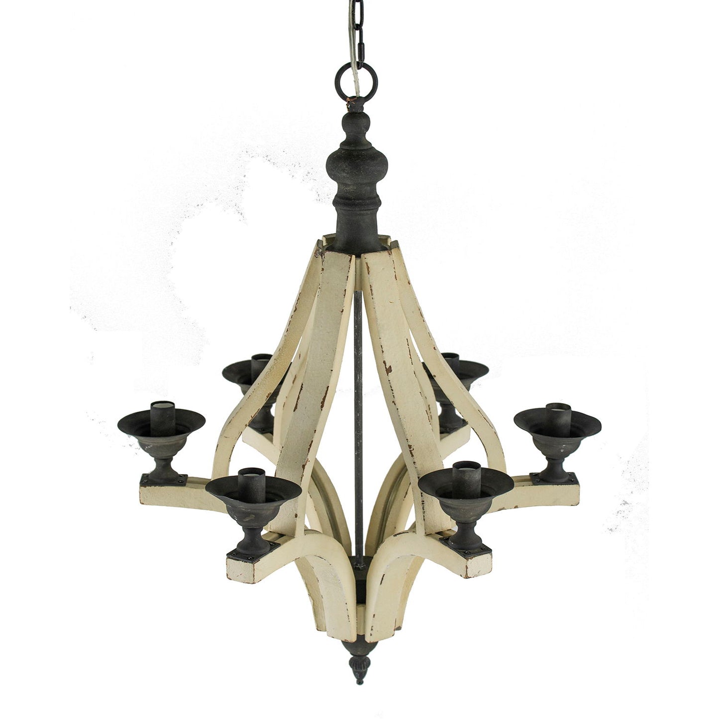 6 Light Wood Chandelier, Hanging Light Fixture With Adjustable Chain For Kitchen Dining Room Foyer Entryway, Bulb Not Included - Cream