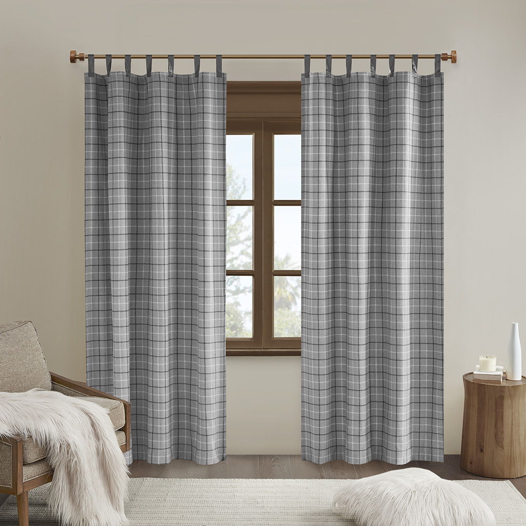 Anaheim - Plaid Faux Leather Tab Top Curtain Panel With Fleece Lining - Gray