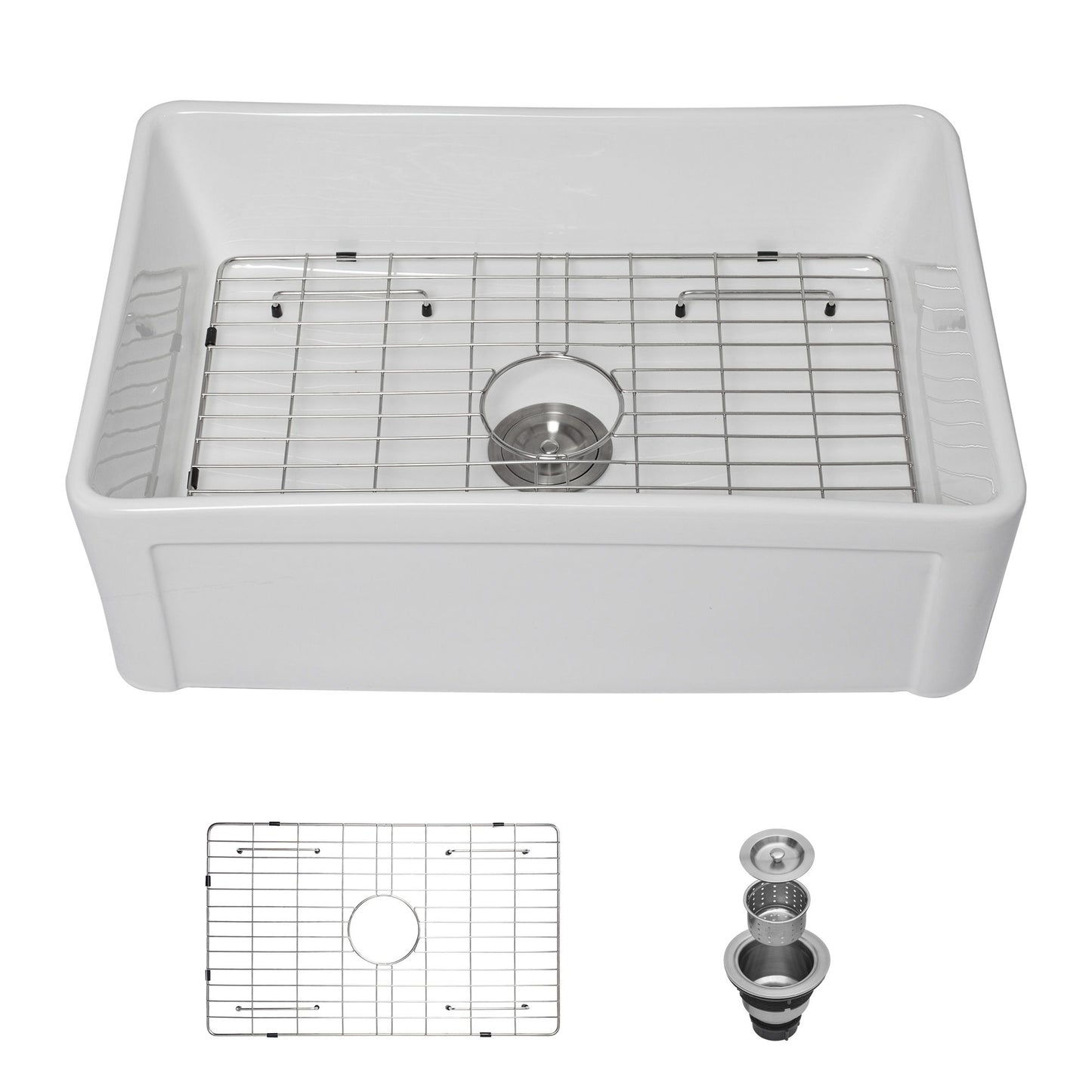 Sink 30" Apron Front Reversible Single Bowl Kitchen Sink & Grid And Strainer - White Daily Nest