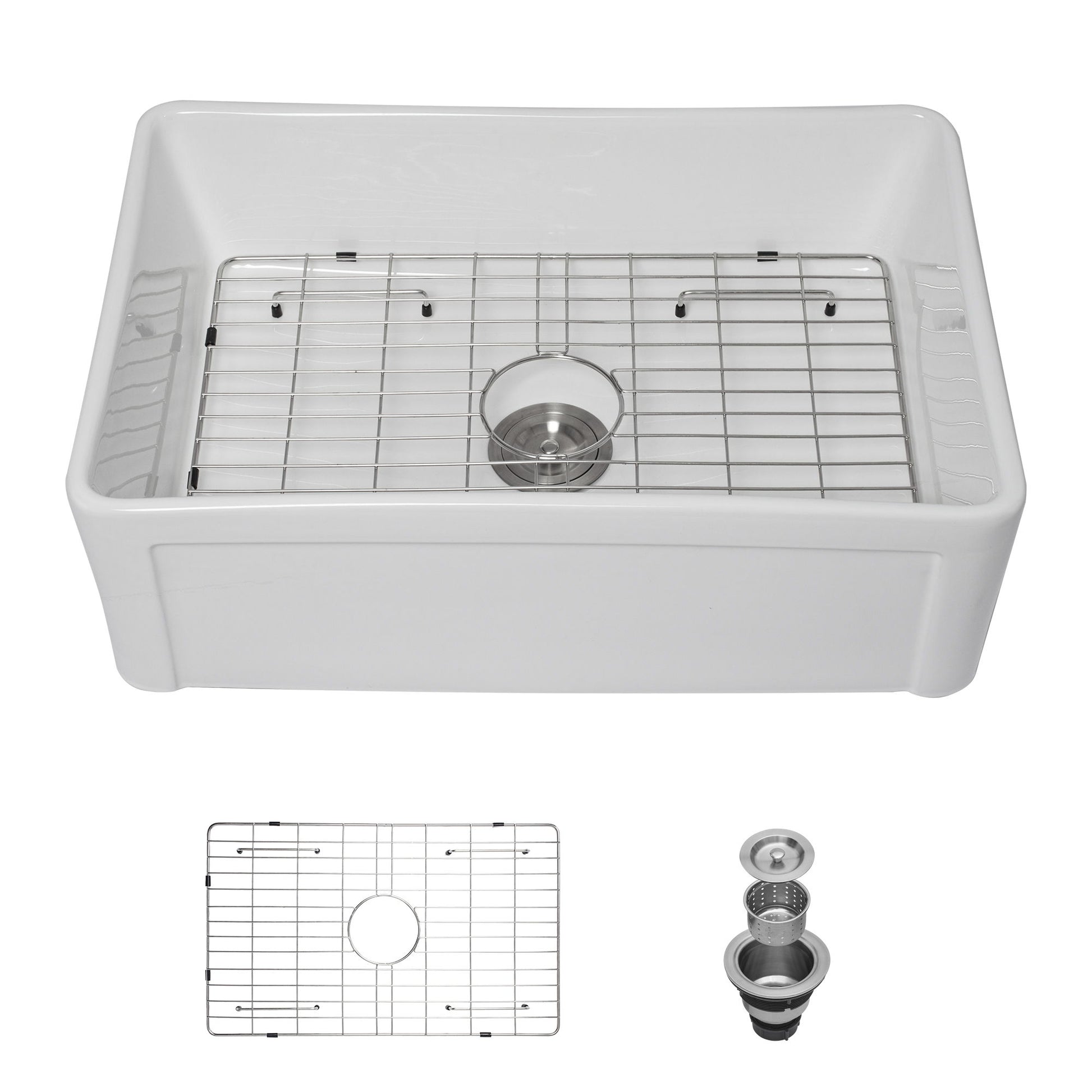 Sink 30" Apron Front Reversible Single Bowl Kitchen Sink & Grid And Strainer - White Daily Nest