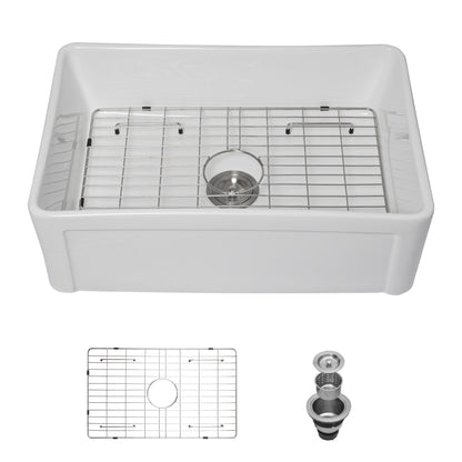Sink 30" Apron Front Reversible Single Bowl Kitchen Sink & Grid And Strainer - White Daily Nest
