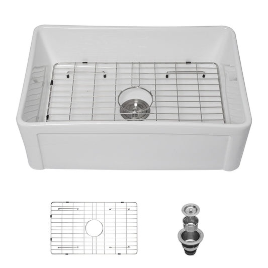 Sink 30" Apron Front Reversible Single Bowl Kitchen Sink & Grid And Strainer - White Daily Nest