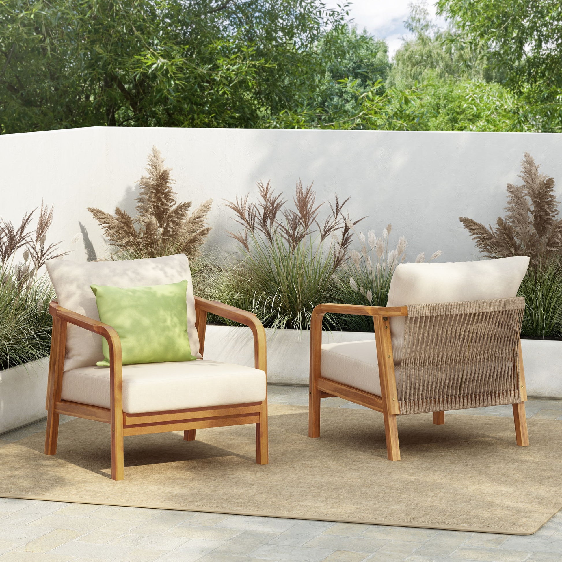 Outdoor Lounge Chair With Woven Backrest, Solid Wood Frame, Comfortable Cushions Noble House