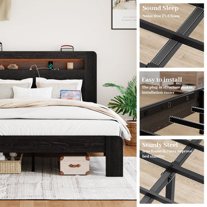 Wood Platform Bed Frame With Storage LED Light Headboard & USB Home Essentials