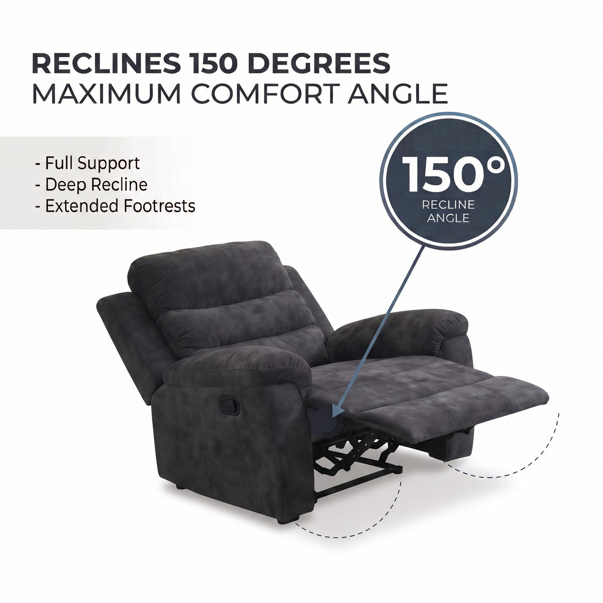 Manual Recliner Chair With 150° Recline, For Living Room - Dark Gray Home Essentials