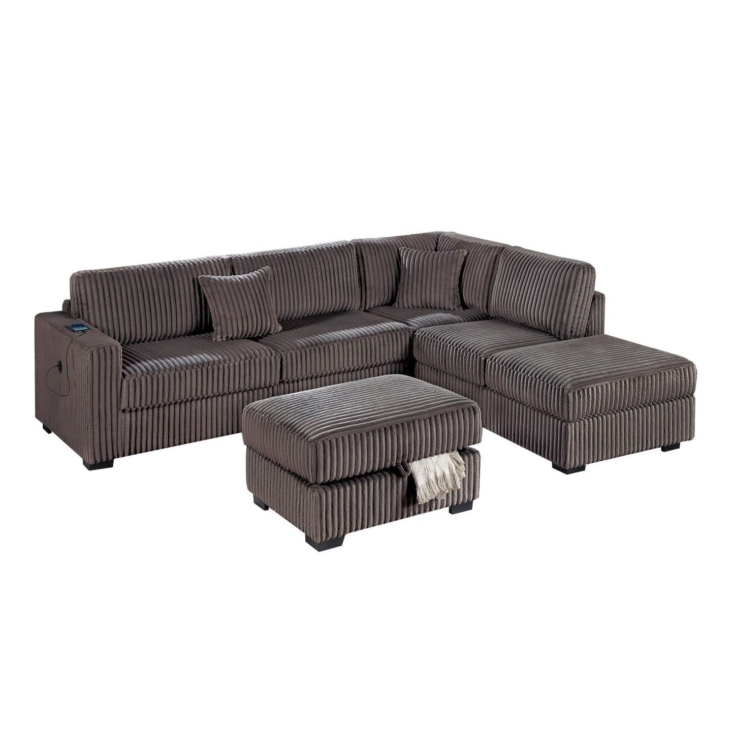 3 Piece Sectional Sofa With Reversible Chaise And USB Storage Ottoman Home Essentials