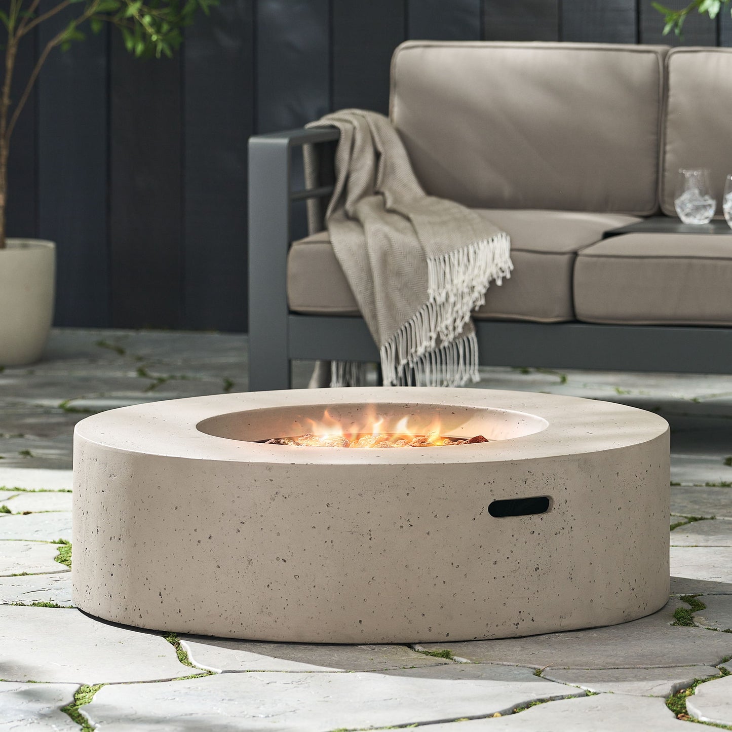 Modern Lightweight Concrete Outdoor Circular Fire Pit 50,000 Btu Noble House