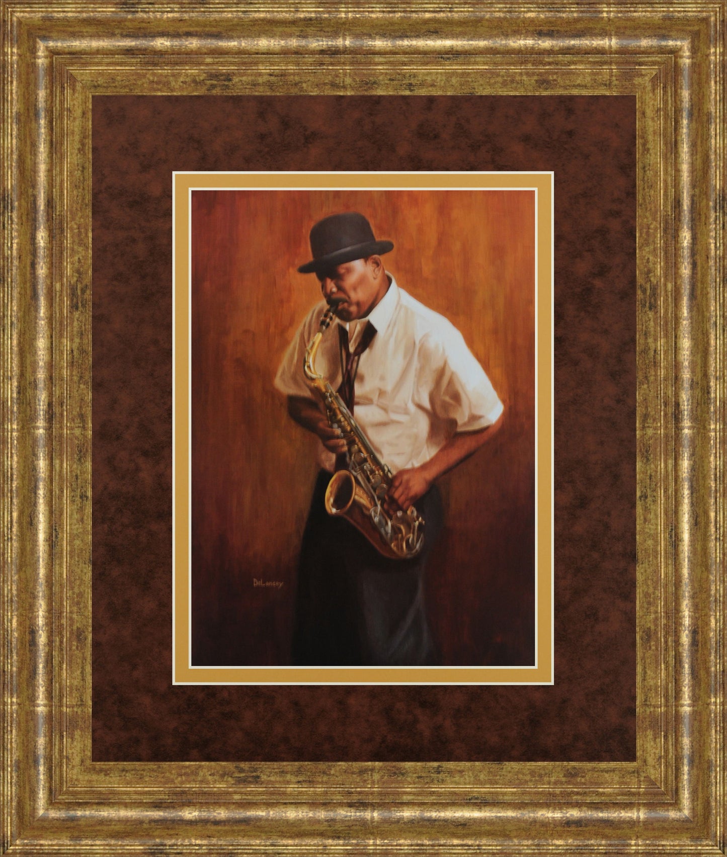 Sax Man By Delancy - Framed Print Wall Art - Orange