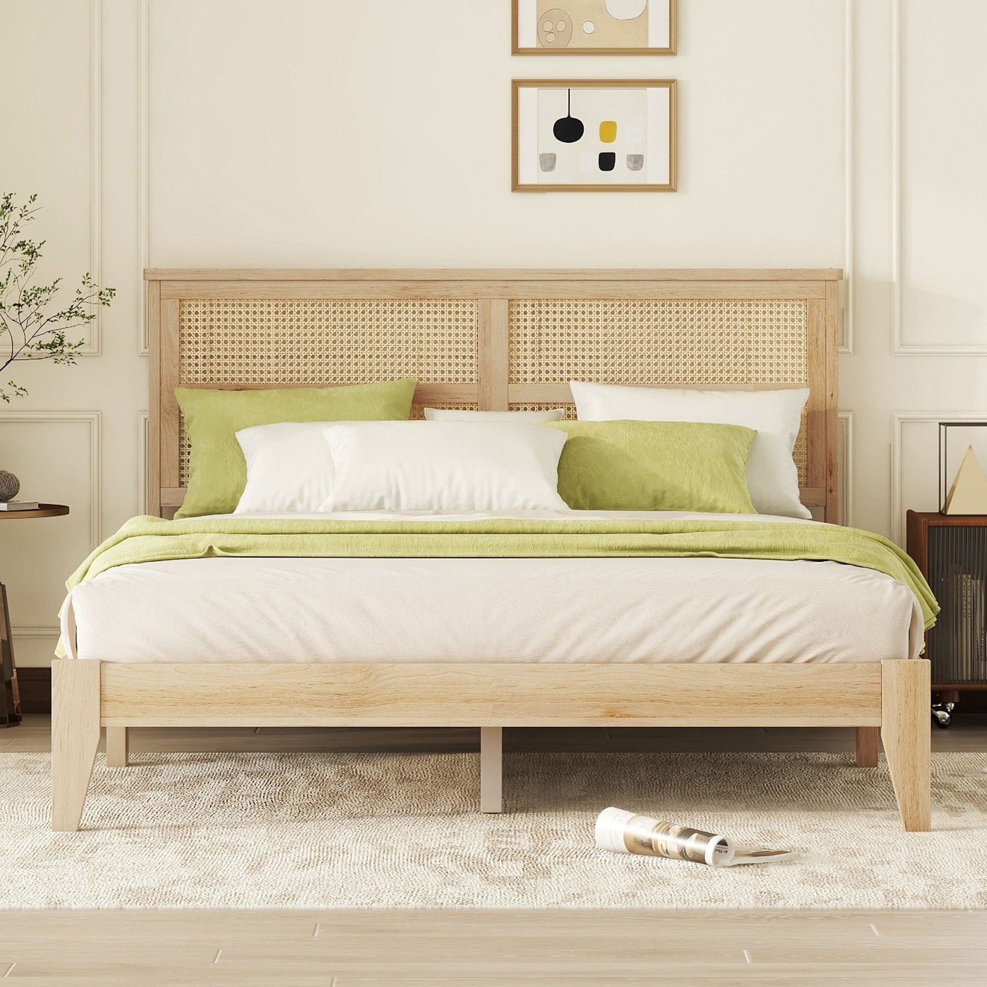 Queen Size Rubber Wooden, Solid Wooden Bed With Rattan Headboard, Enhanced By Support Feet - Natural Home Essentials