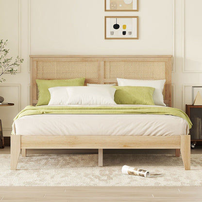 Queen Size Rubber Wooden, Solid Wooden Bed With Rattan Headboard, Enhanced By Support Feet - Natural Home Essentials