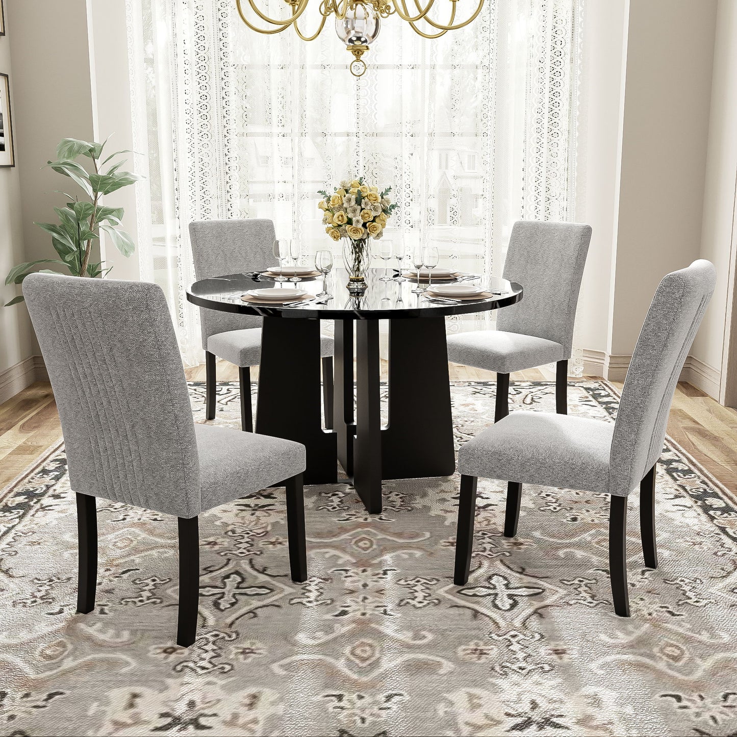 5 Piece Round Dining Table Set, Modern Table And 4 Upholstered Chairs For Dining Room Hearth and Haven