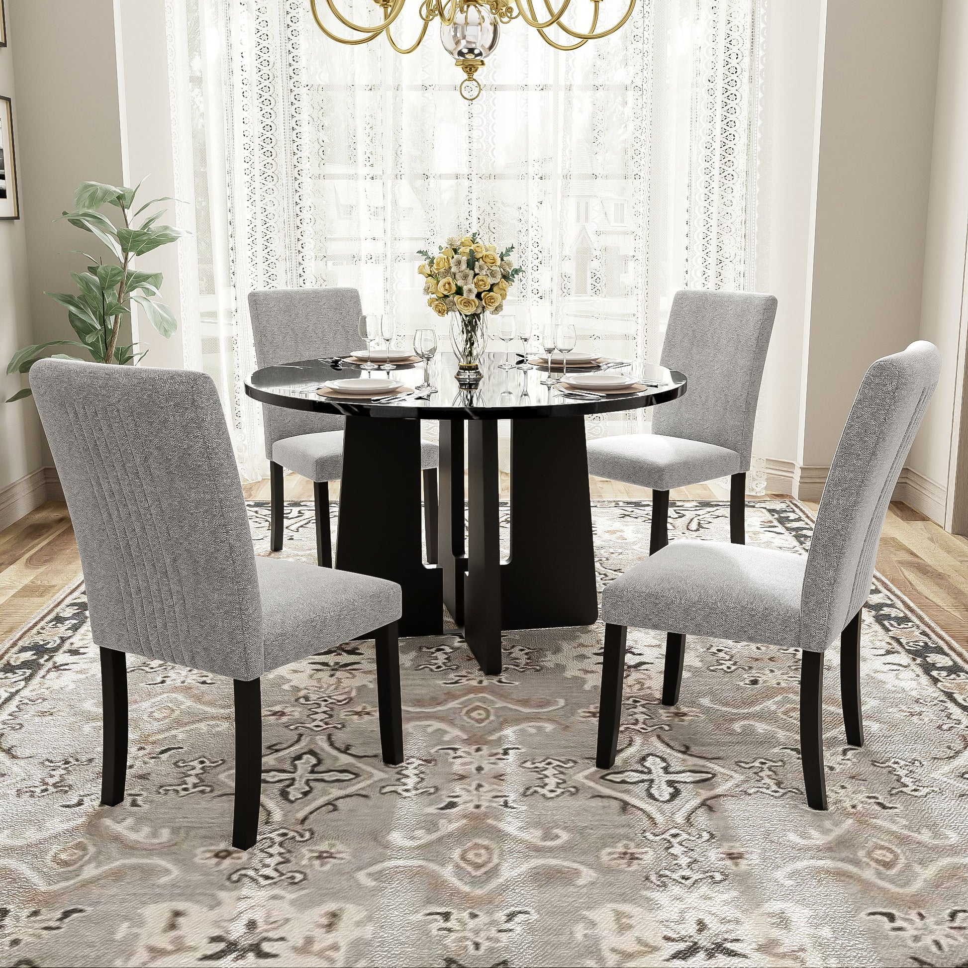 5 Piece Round Dining Table Set, Modern Table And 4 Upholstered Chairs For Dining Room Hearth and Haven