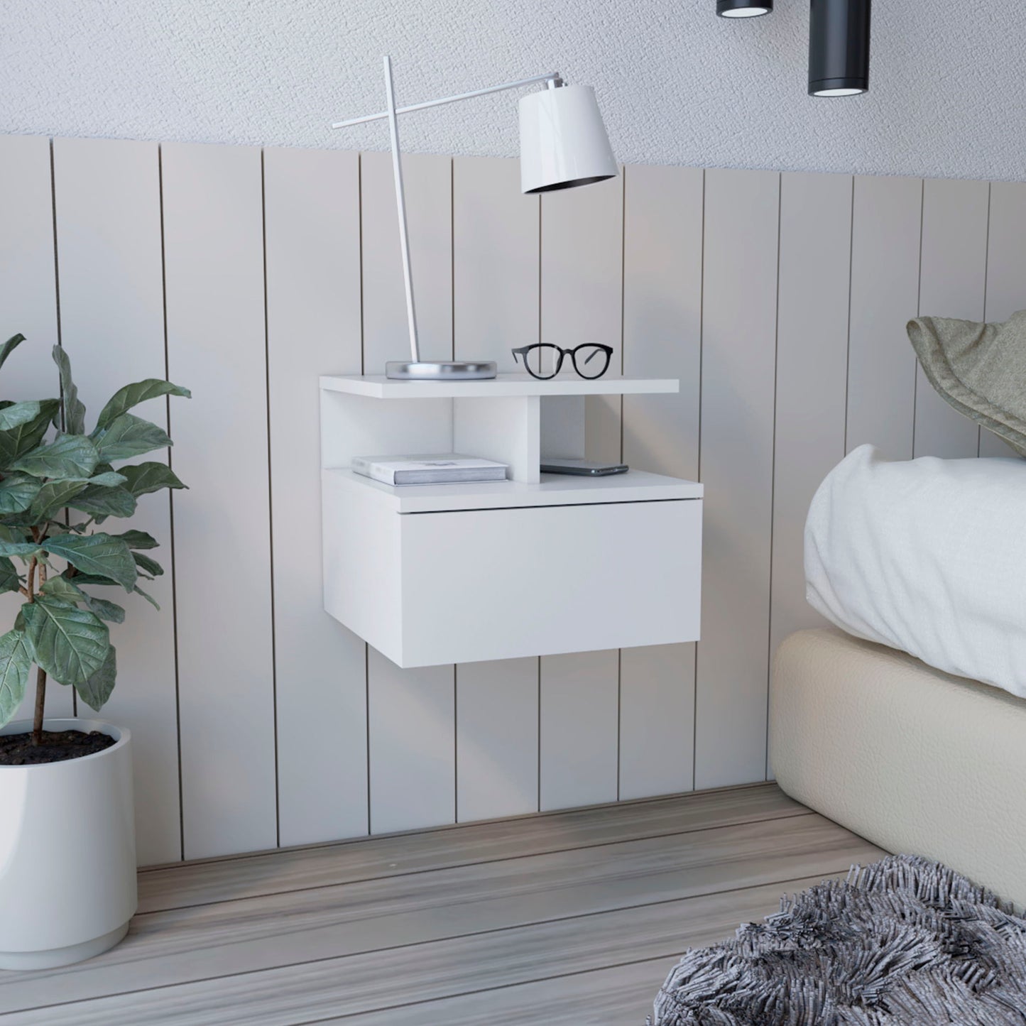 Flopini - Floating Nightstand With 1 Drawer, Compact Size - White Home Essentials