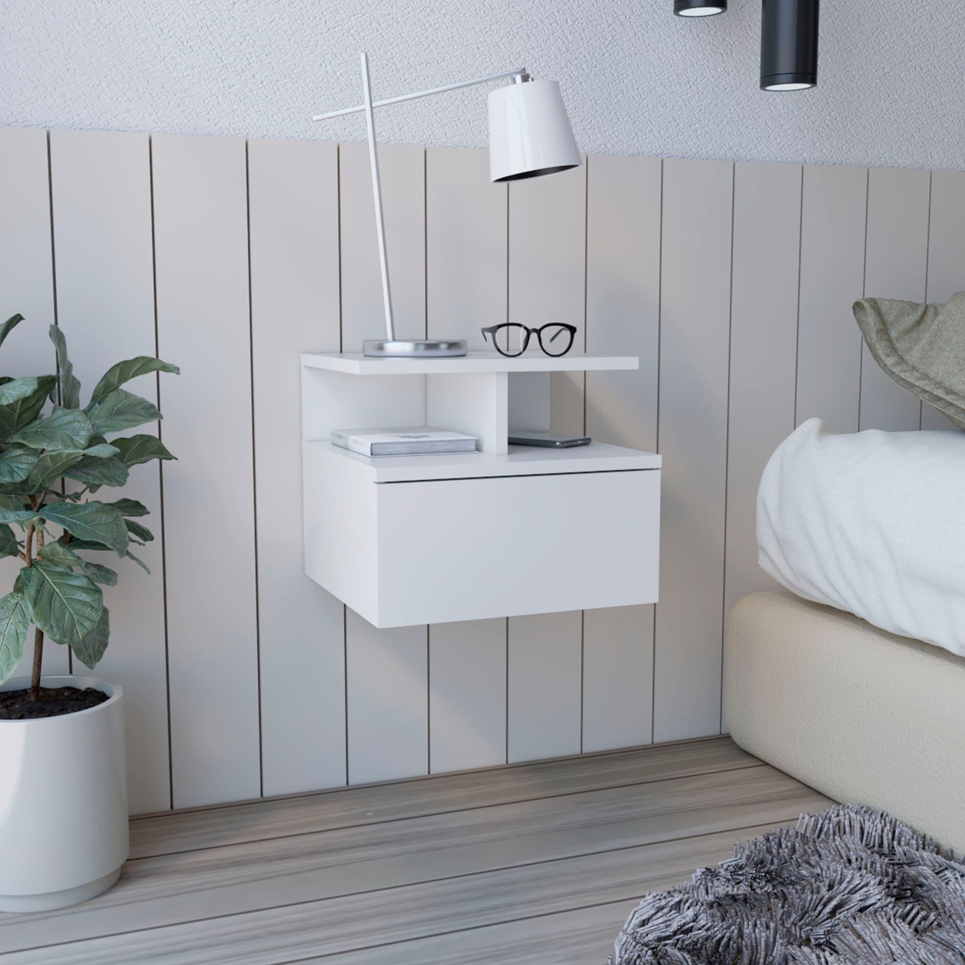 Flopini - Floating Nightstand With 1 Drawer, Compact Size - White Home Essentials
