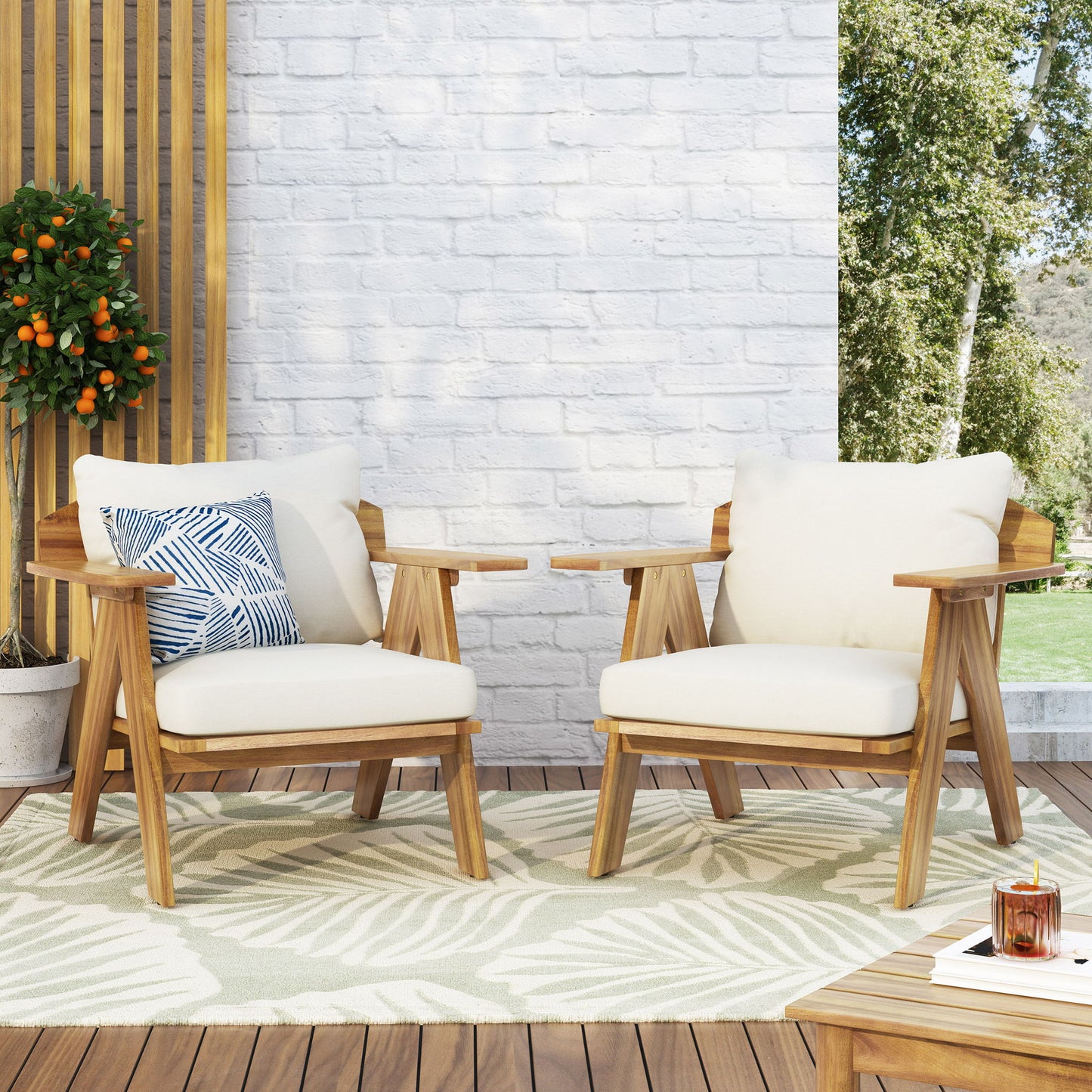 Outdoor Acacia Wood Club Chairs With Cushions (Set of 2) - Teak / Beige Noble House
